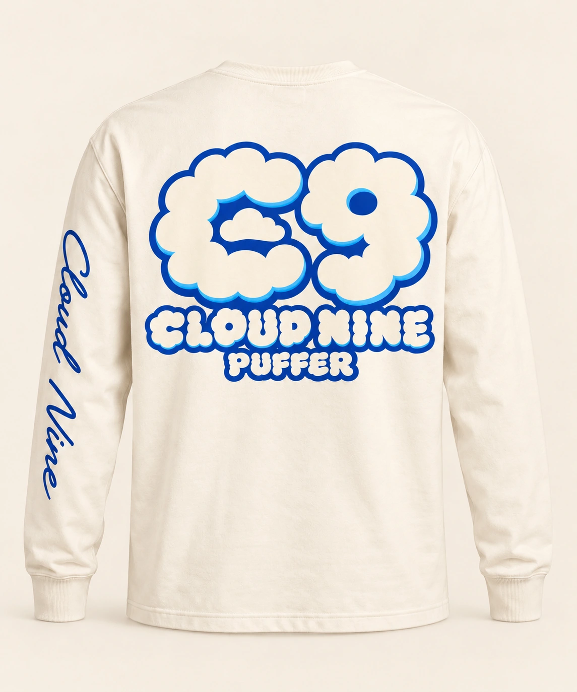 C9 Puff Long Sleeve — Back — Cream / Cobalt / Sky blue — digital product mockup