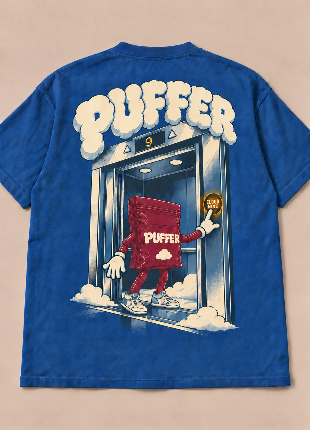 Cloud Nine Elevator Tee — Washed cobalt / Cream / Burgundy — digital mockup