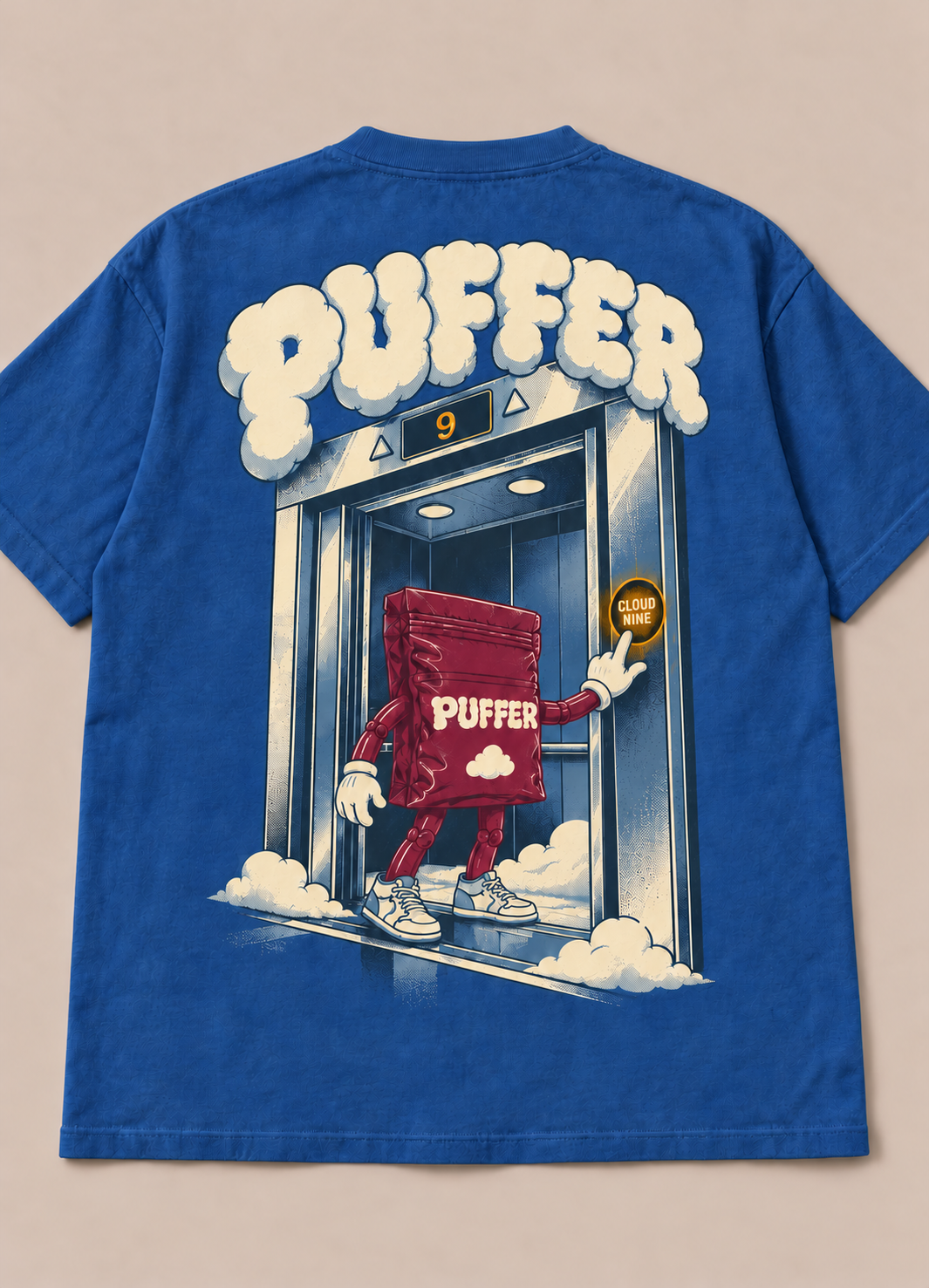 Cloud Nine Elevator Tee — Washed cobalt / Cream / Burgundy — digital mockup