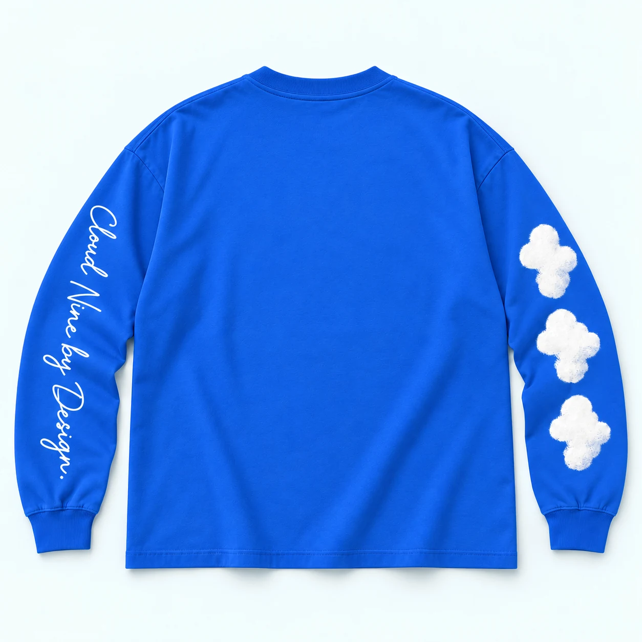 Cloudline Long Sleeve — Back — Cobalt / White print — digital mockup