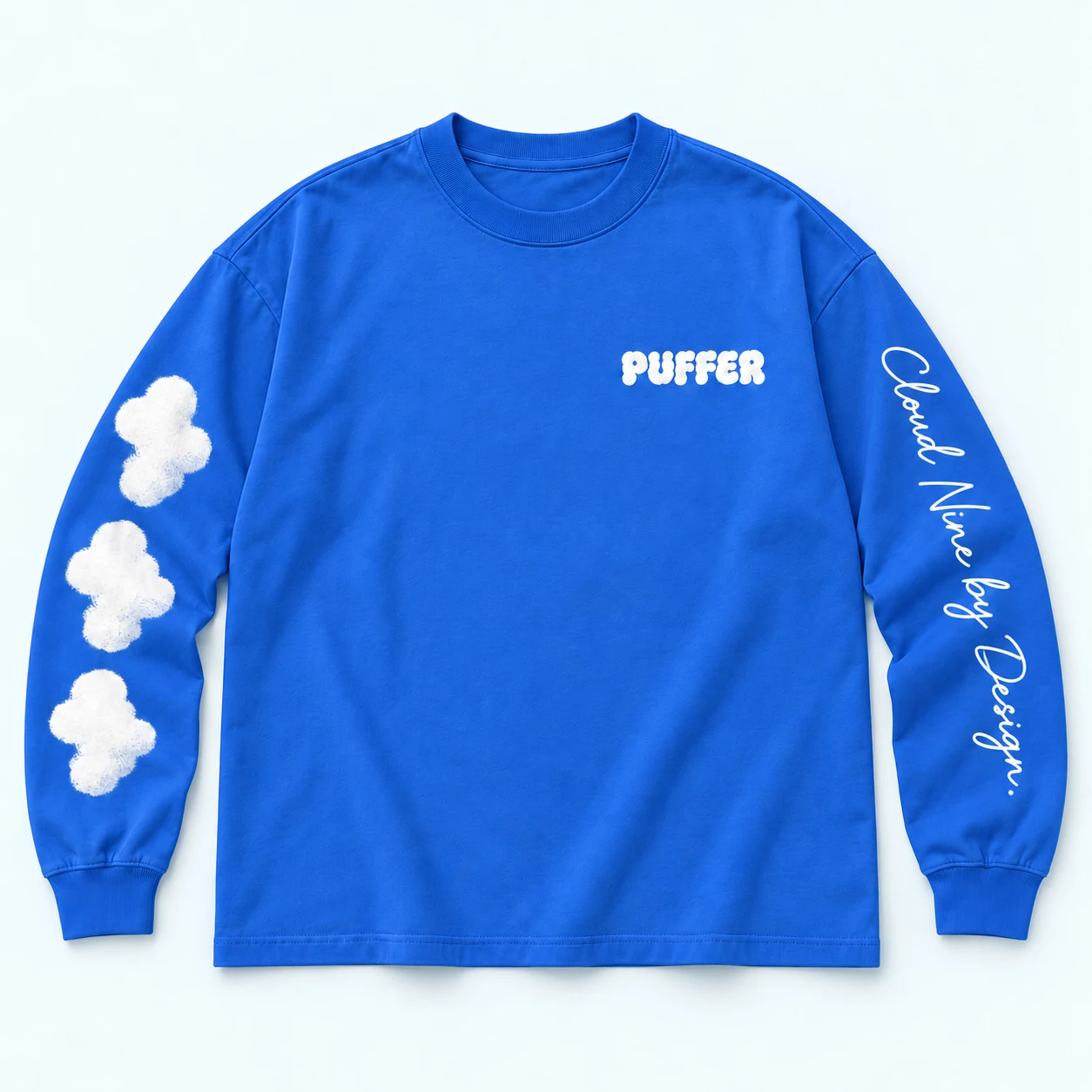 Cloudline Long Sleeve — Front — Cobalt / White print — digital product mockup