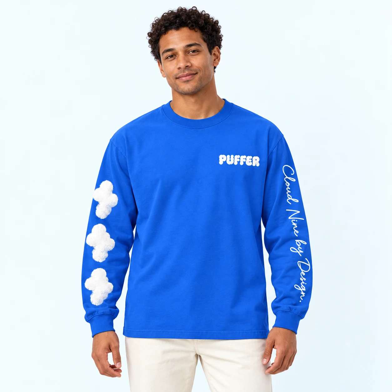Cloudline Long Sleeve — On model — Cobalt / White print — digital mockup