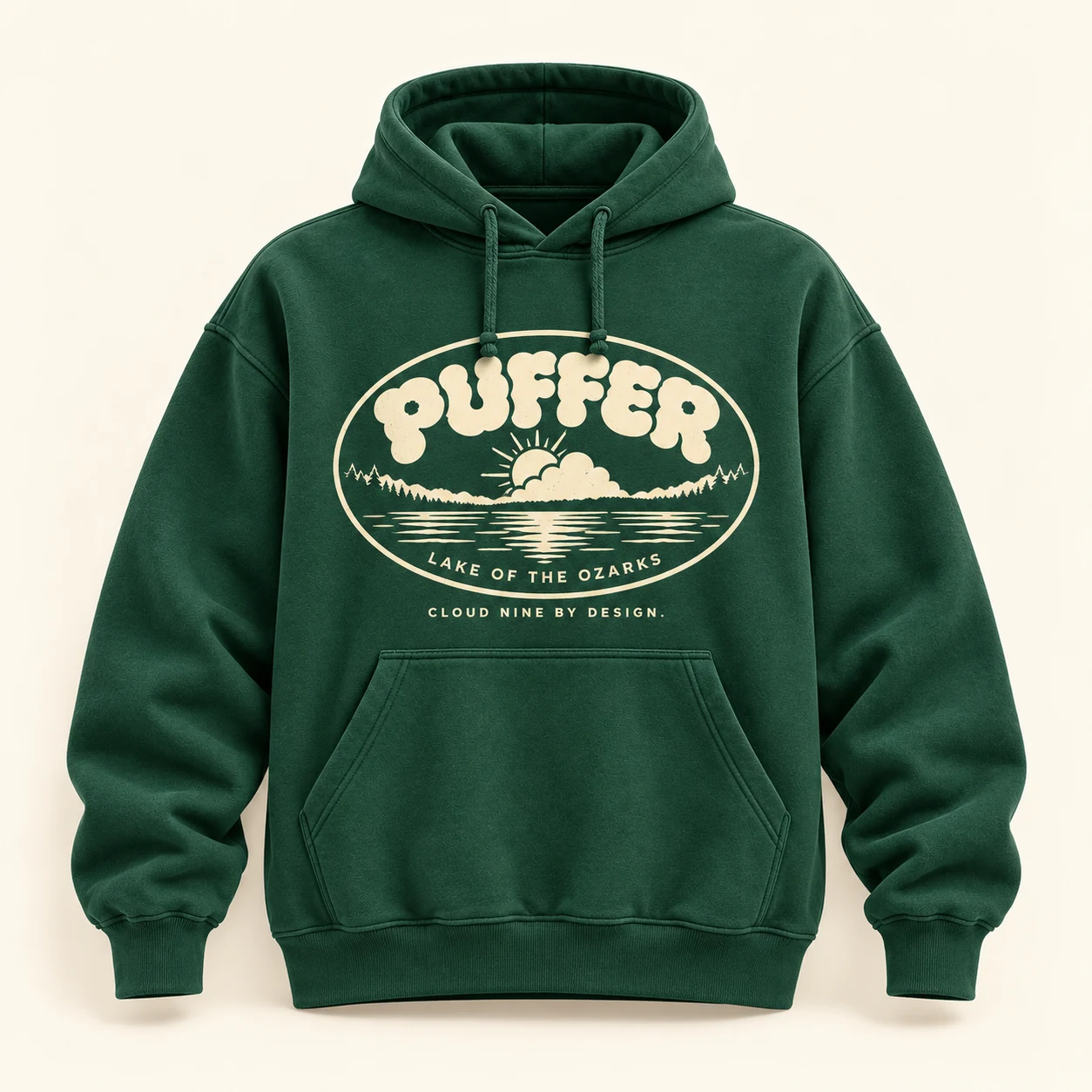 Lake Days Hoodie — Front — Forest green / Cream print — digital product mockup