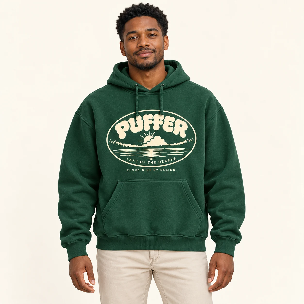 Lake Days Hoodie — On model — Forest green / Cream print — digital mockup